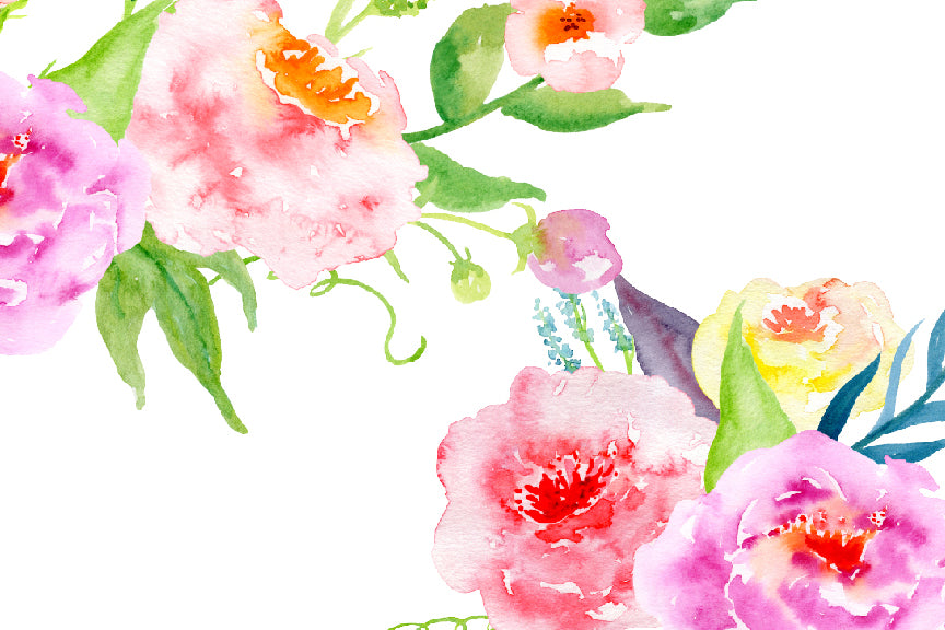 watercolor bundle Glory, soft pink and soft purple peony, yellow flower, instant download