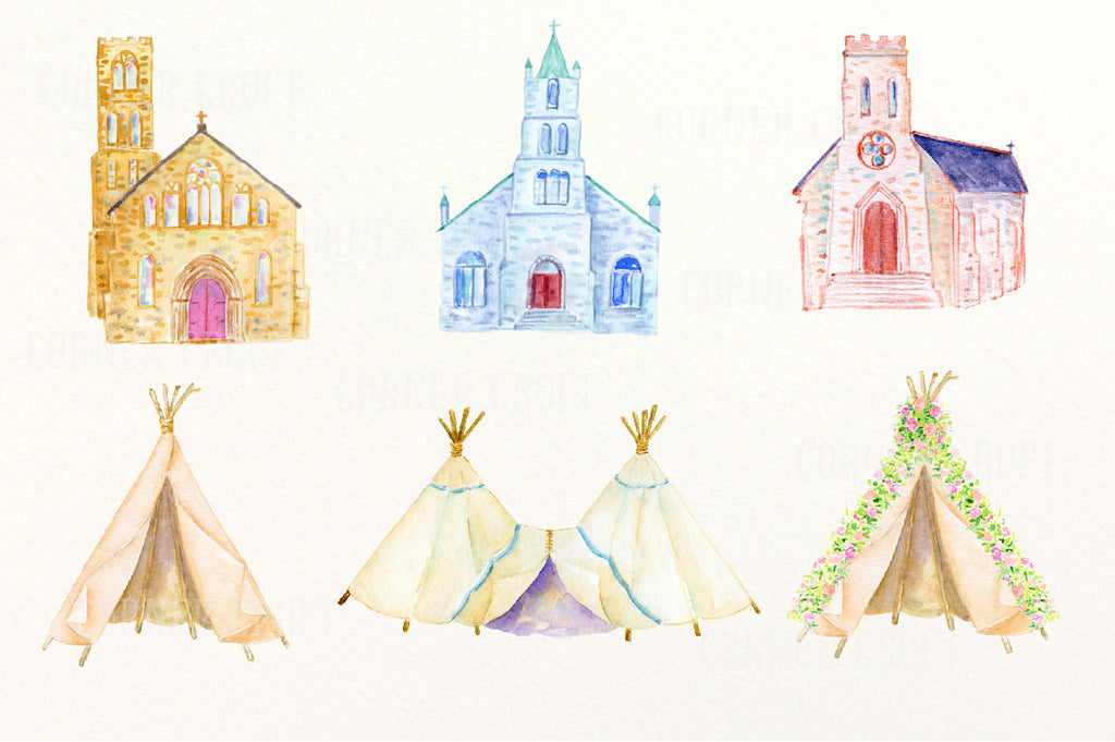 watercolor wedding church, wedding fever, wedding clip art