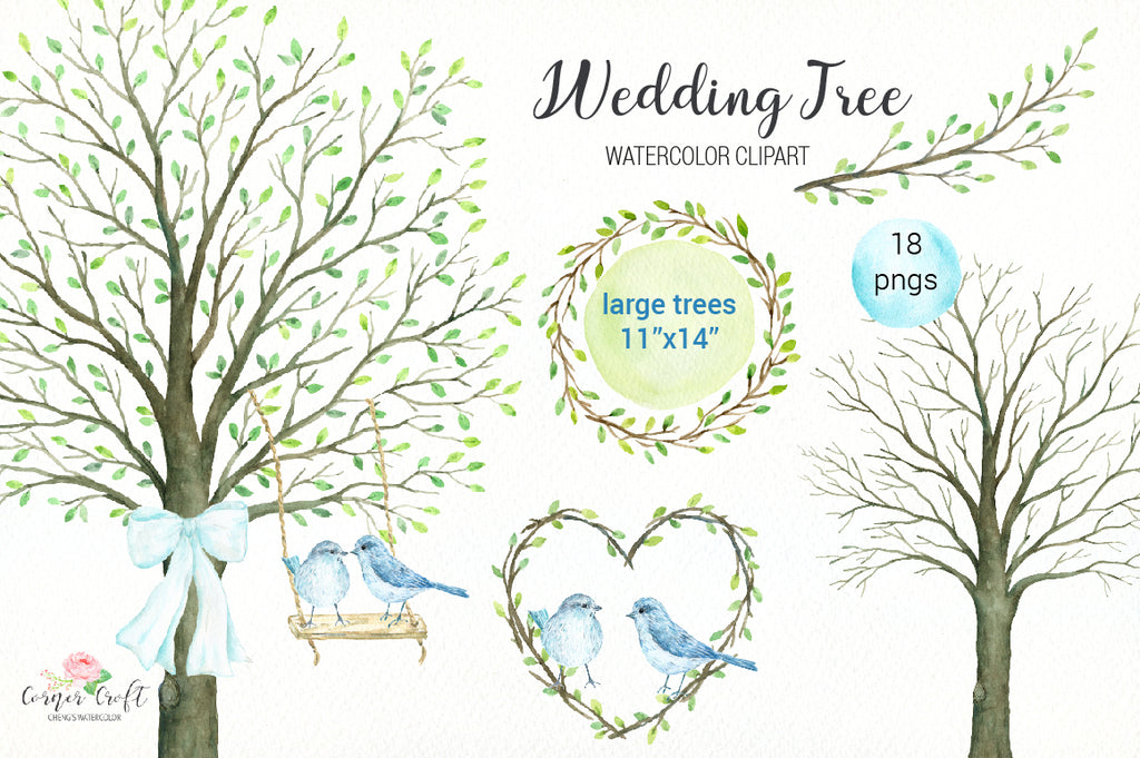 watercolor clipart, wedding tree, guest signing tree, large tree, bare tree, wedding invitation, swing, bird, heart, ribbon