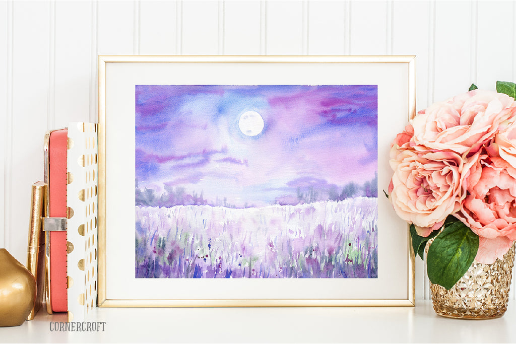 watercolor clipart, woodland print, moonlight grassland, instant download 