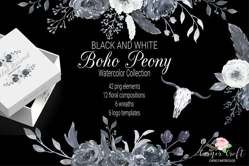 watercolor black and white peony collection, peony posy, peony wreath, logo template, watercolor peony