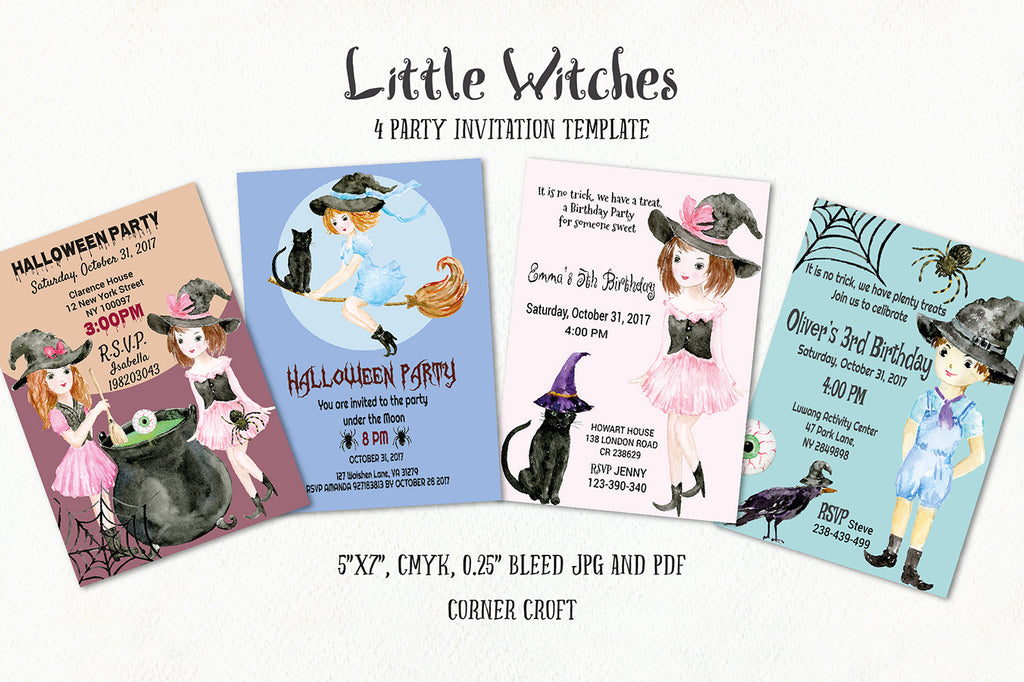 Little witch invitation, watercolor illustration, Halloween template 