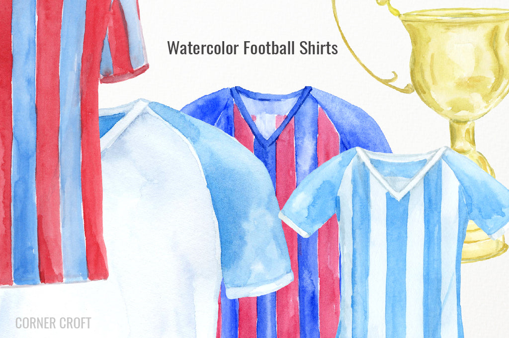 watercolour football shirt, stripe shirt, front, back, blue, pink, red, yellow, green