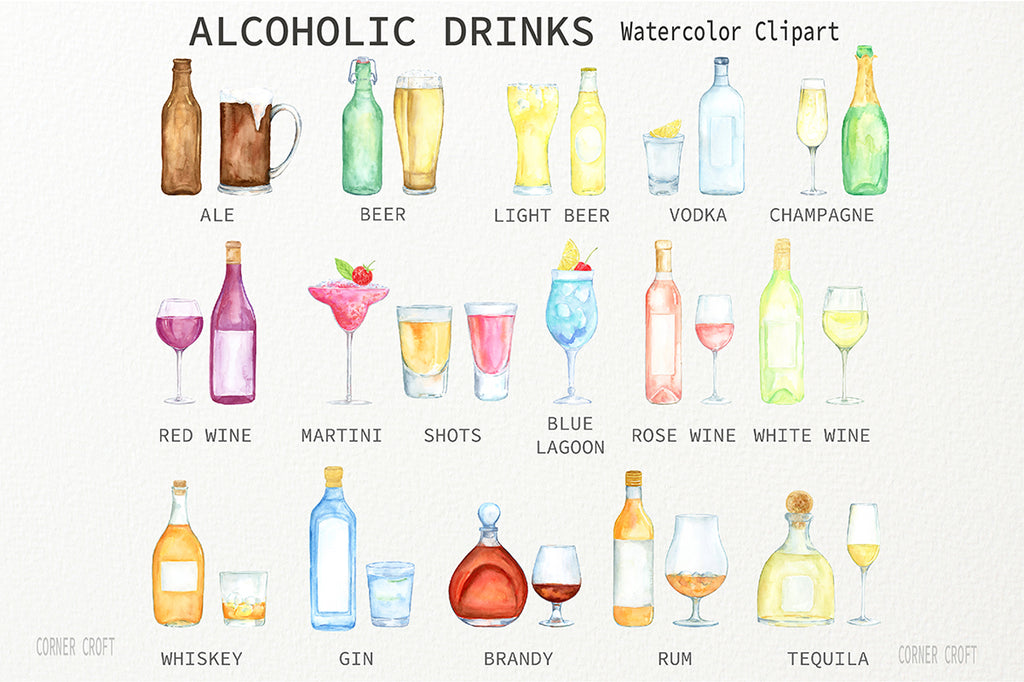 drink art print, watercolour illustration of alcohol, glass of wine, liquor illustration, menu design