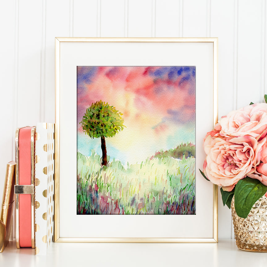 watercolor painting of green tree in sunset, dramatic landscape, instant download 