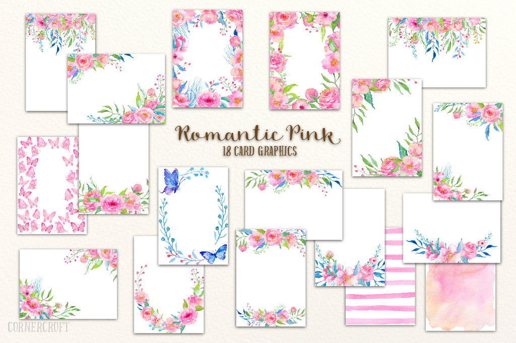 Hand painted watercolor design kit Romantic Pink, watercolor clipart, card template, floral posies and wreaths