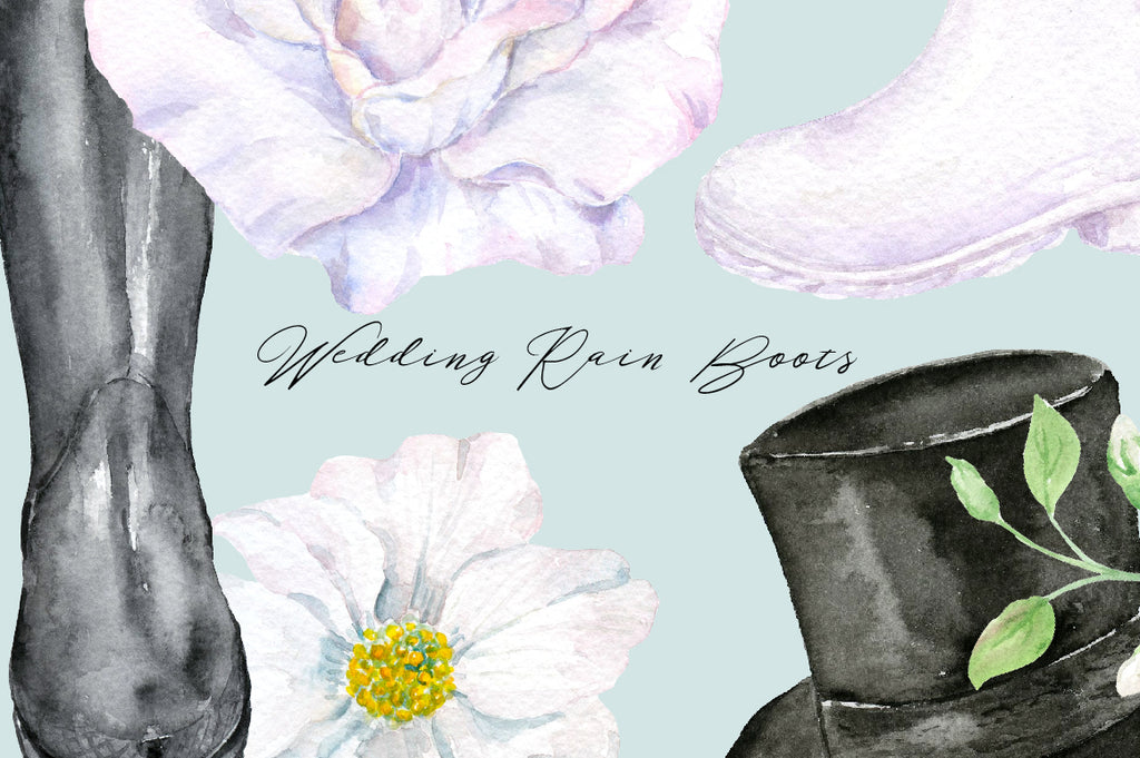 watercolor, boots, wedding boots, black boots, top hats, wedding  rubber boots