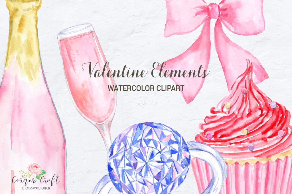 watercolor clipart valentine elements, cupcake, campaign bottle, glass of campaign, pink, red, instant download 