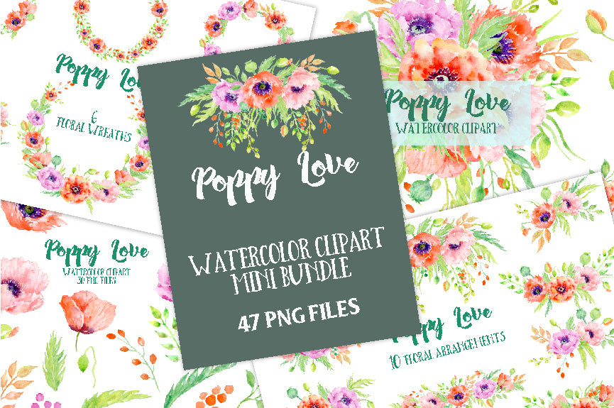 Watercolor Poppy Love Bundle, Red poppy and orange poppy collection, corner croft design