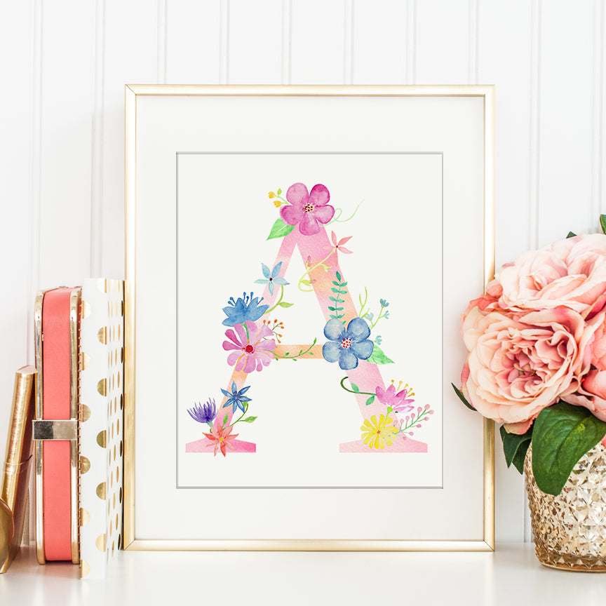 watercolor floral letter a, alphabet A, pink letter A, girl room deco