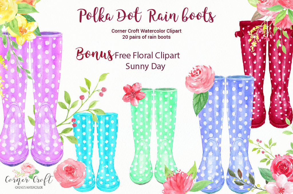 polka dot rain boots in color variations of red, blue, pink, purple, black, yellow and green. 