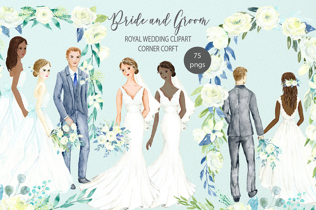 watercolor clipart, bride and groom portrait, personalised print, royal wedding clipart