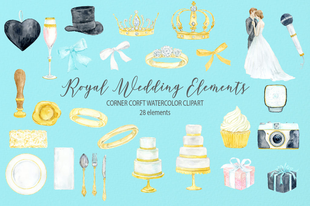 watercolor wedding elements, wedding icon, diamond ring, wedding rings, bride and groom, wedding program, crown