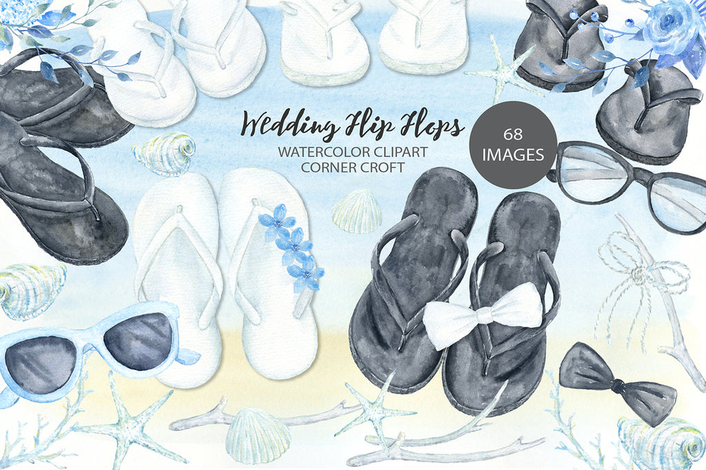 flip flop clipart, watercolor wedding clipart, white sandals, black sandals 