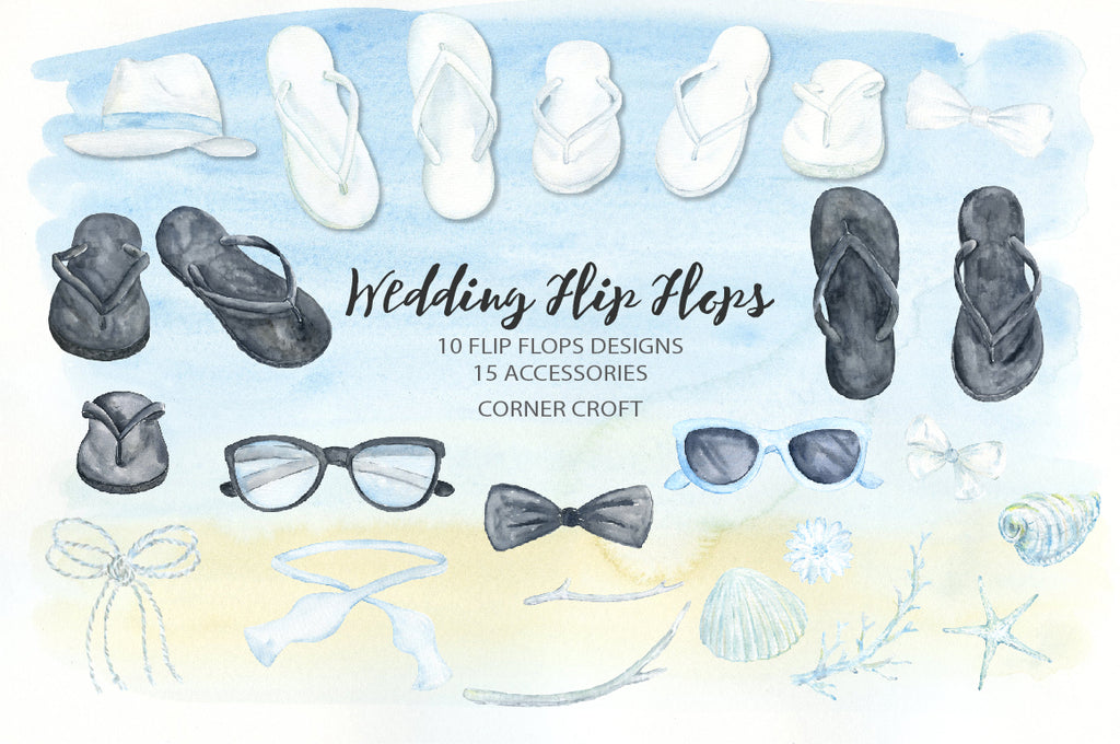watercolor white flip flops, black flip flops, wedding shoes, wedding sandals, summer shoes