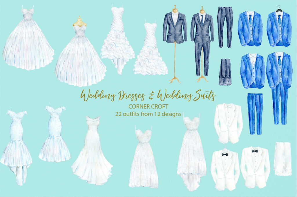 Watercolor wedding dress and wedding suit, hangers, mannequin, clothes rack, wedding outfit clipart