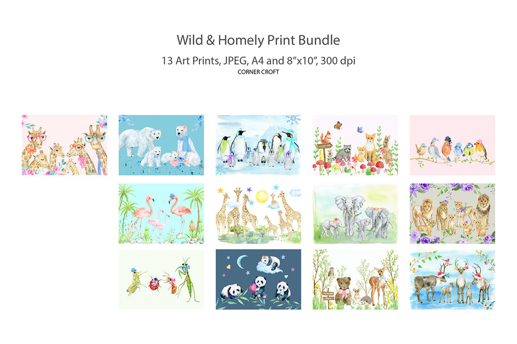 Wildlife Animal Family Print Bundle, 13 prints, A4, 8"x10"