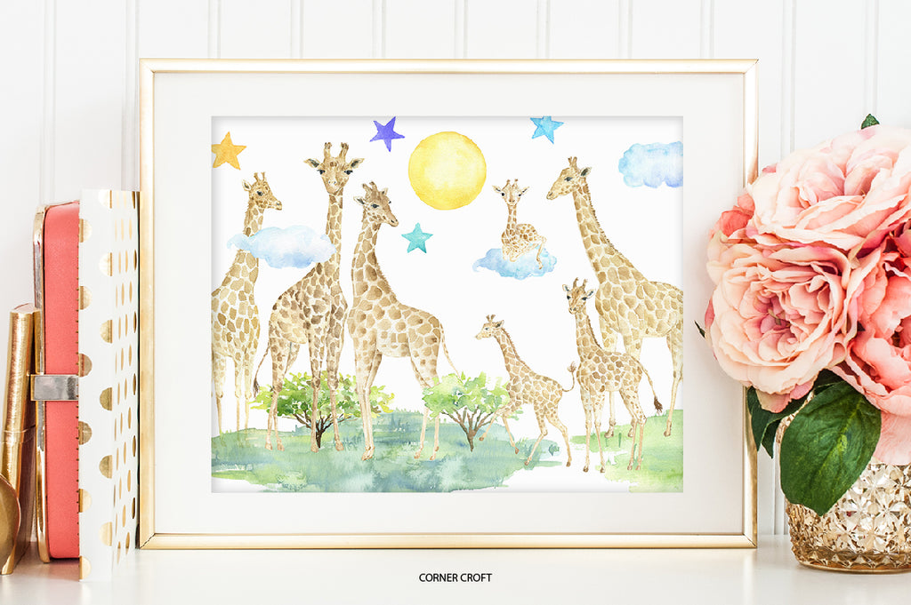 Watercolour giraffe family prints