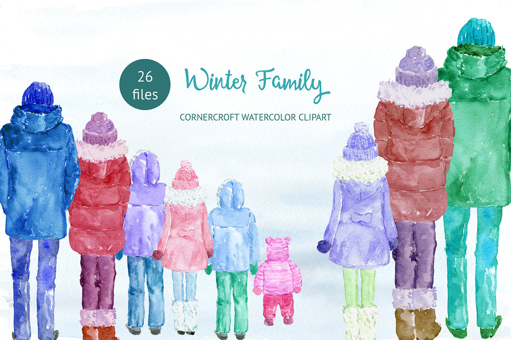 watercolor clipart of family figures in winter coats, mum, dad and kids illustration