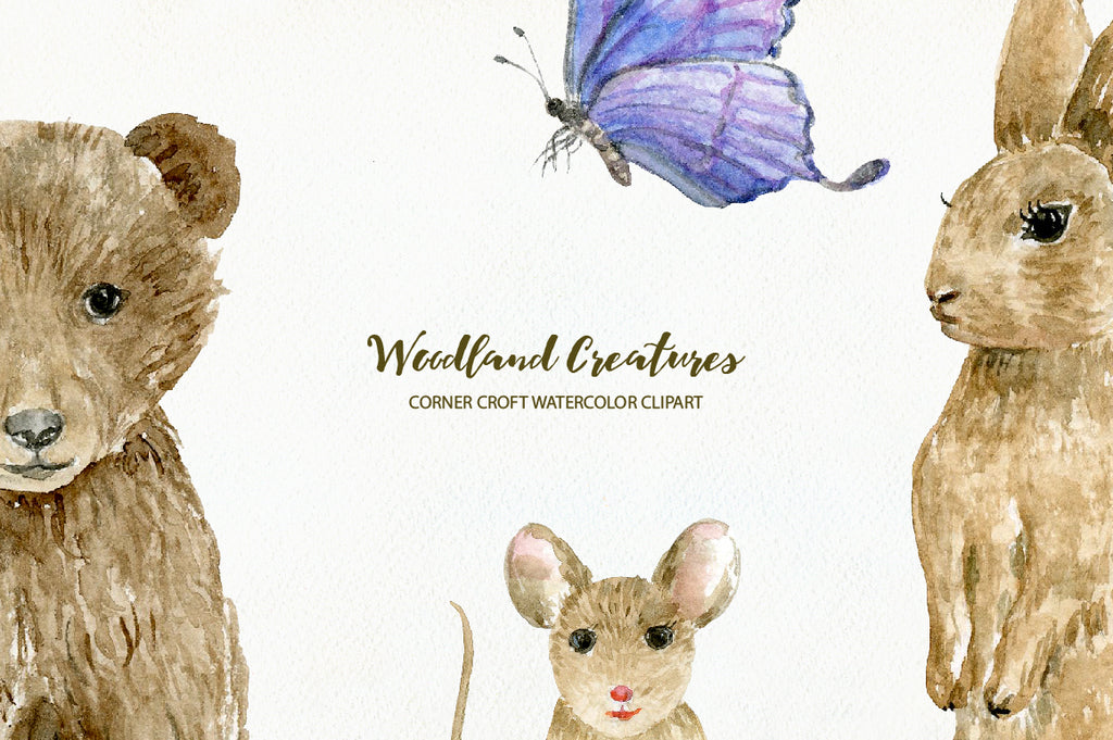 watercolor illustration of woodland animals,  bird and insects including fox mum and fox baby, bear, deer, mouse, red squirrel, badger, hedgehog, rabbit, raccoon, owl and butterflies