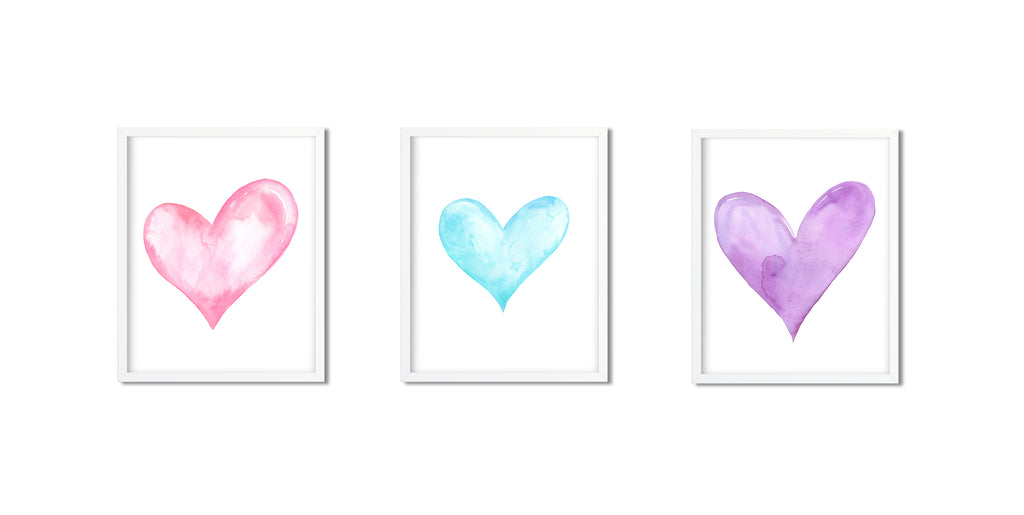 Watercolor heart print, blue, pink and Purple Hearts, valentine hearts, instant download 