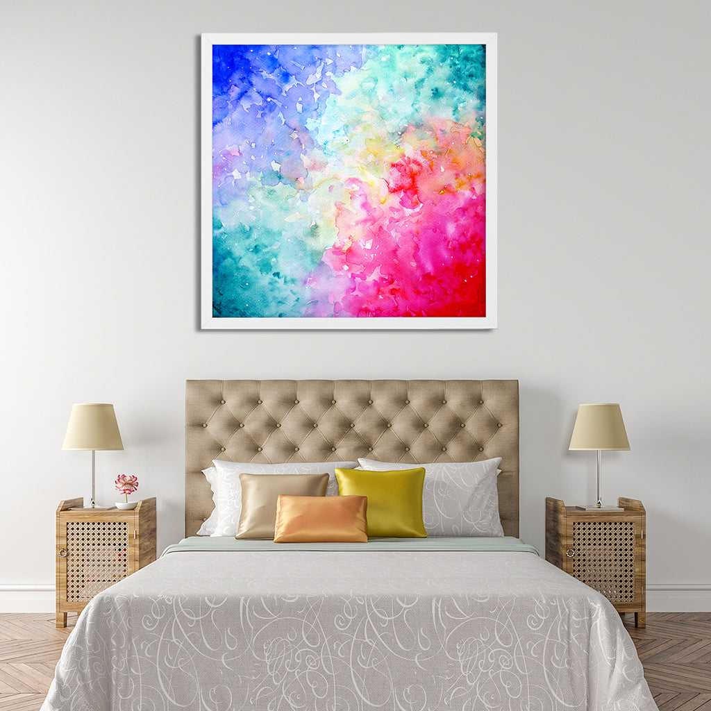 watercolor painting abstract sky, bright blue and purple art