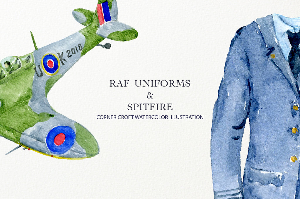 watercolor RAF uniform, men's jacket, women's jacket, spitfire fighter plane, instant download 