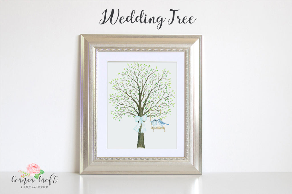 watercolor clipart, wedding tree, guest signing tree, large tree, bare tree, wedding invitation, swing, bird, heart, ribbon