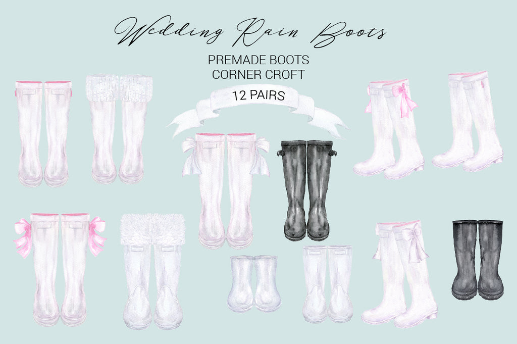 12 pairs of rain boots, wellington boots, watercolor rain boots, wedding boots, 