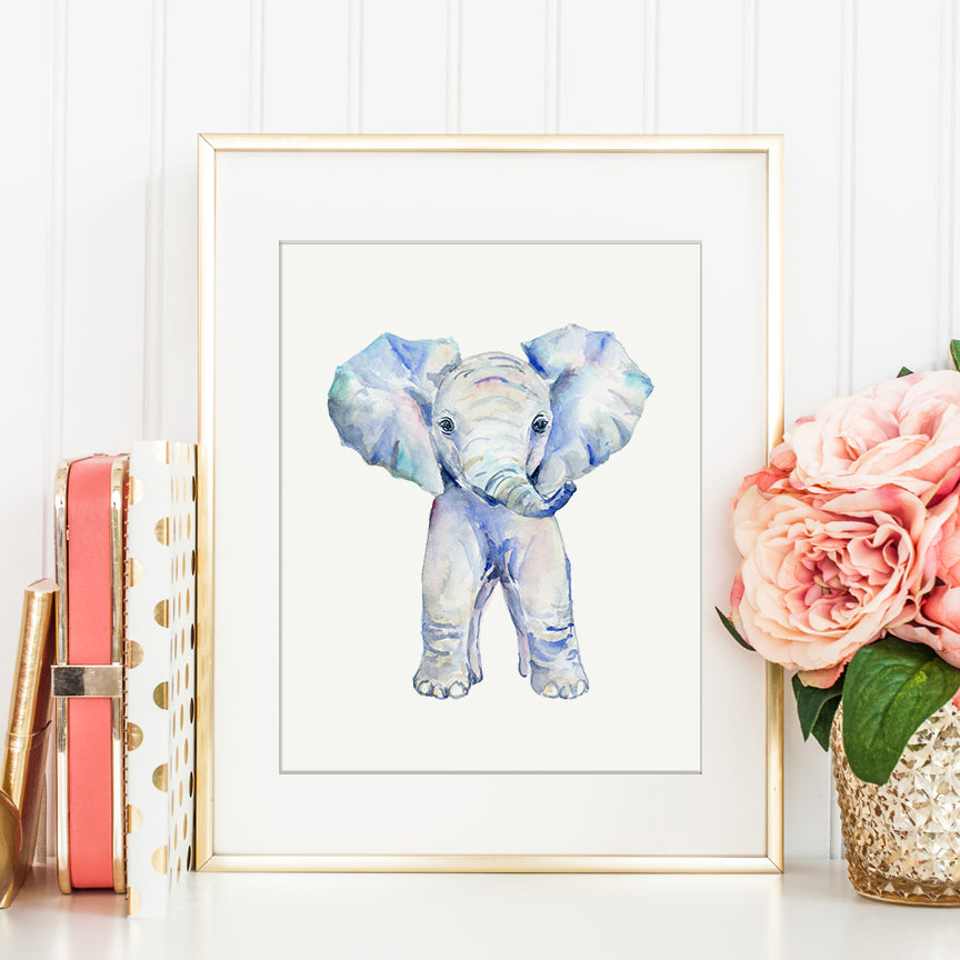 Watercolor baby elephant, young element, cute animal, wildlife