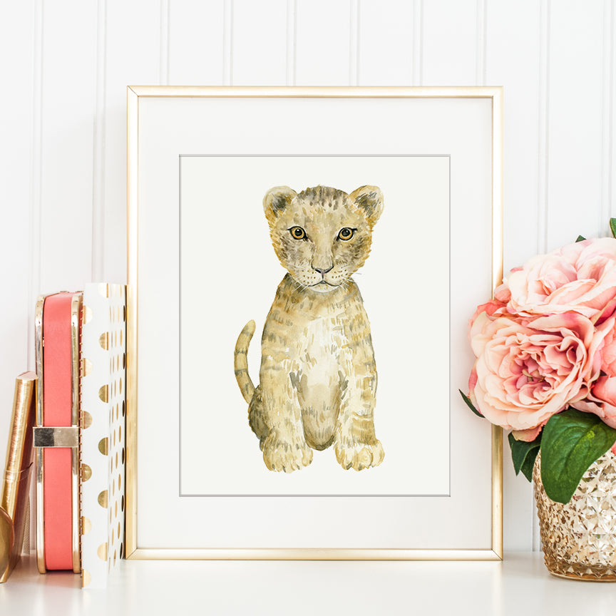 hand painted watercolor illustration of a lion cub, cute baby lion, realistic illustration 