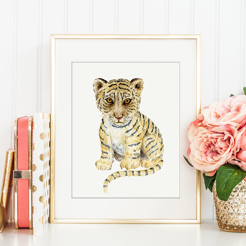 watercolor illustration of a young tiger cub, wild life, cute animal