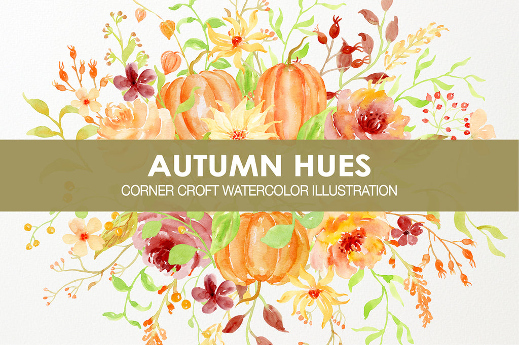 Watercolor autumn clipart, pumpkins, peony, rose, daisy, fall clipart