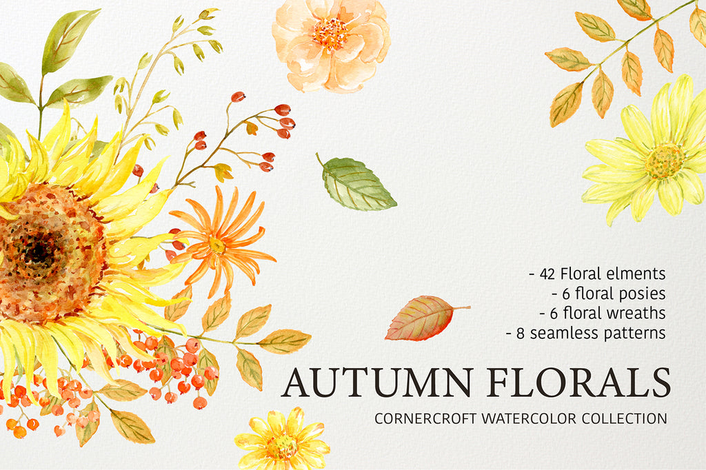 watercolor clipart autumn florals. watercolor collection, sunflower, rose, berry, daisy, instant download 