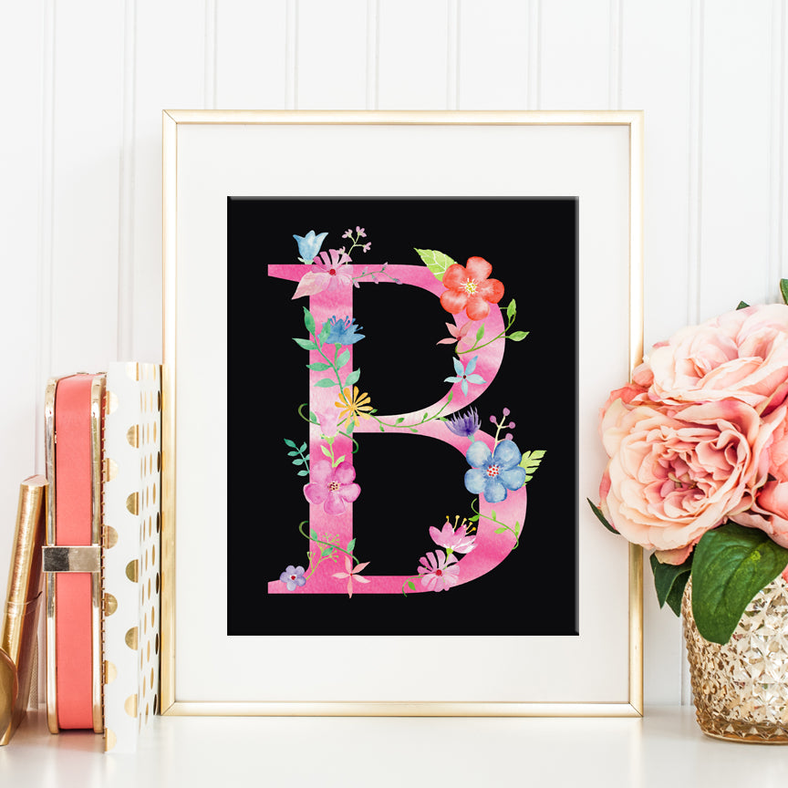 watercolor floral letter b, alphabet b printable, girl room deco, art print