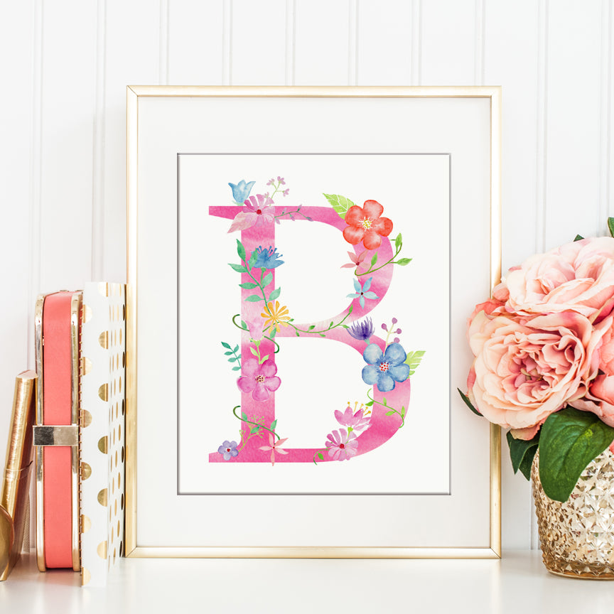 watecolor floral letter b, alphabet b, pastel flowers, instant download 