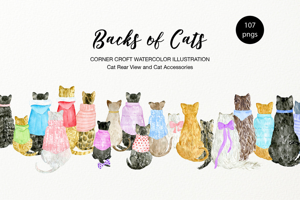 Watercolor cat illustration, back view of cats, cats and kittens 