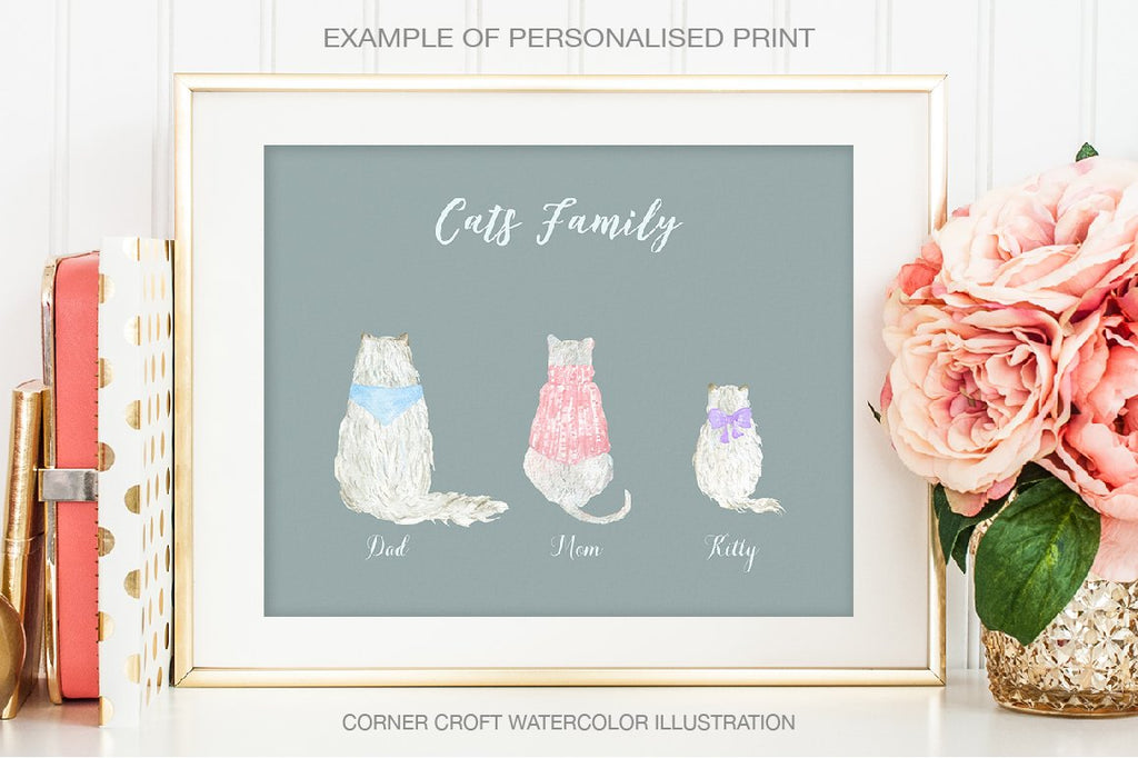 watercolor white cat illustration, personalised print, cat family