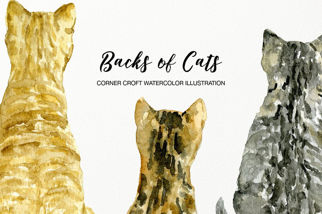 watercolor cat illustration, detailed cat back view, instant download