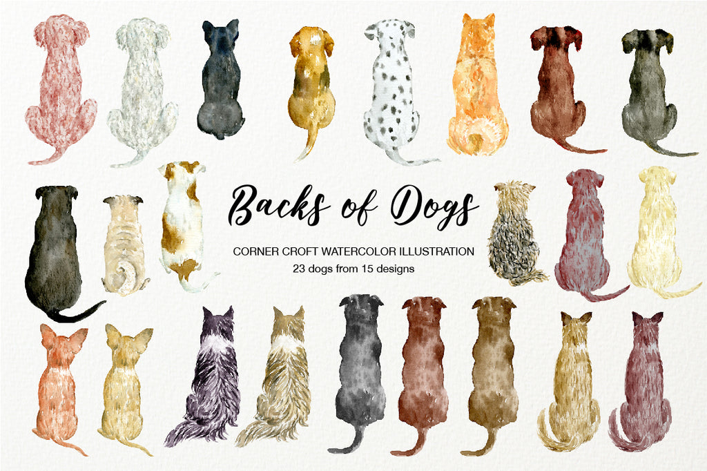 a lof of dog illustration, backs of dogs, dog rear view, dog clipart