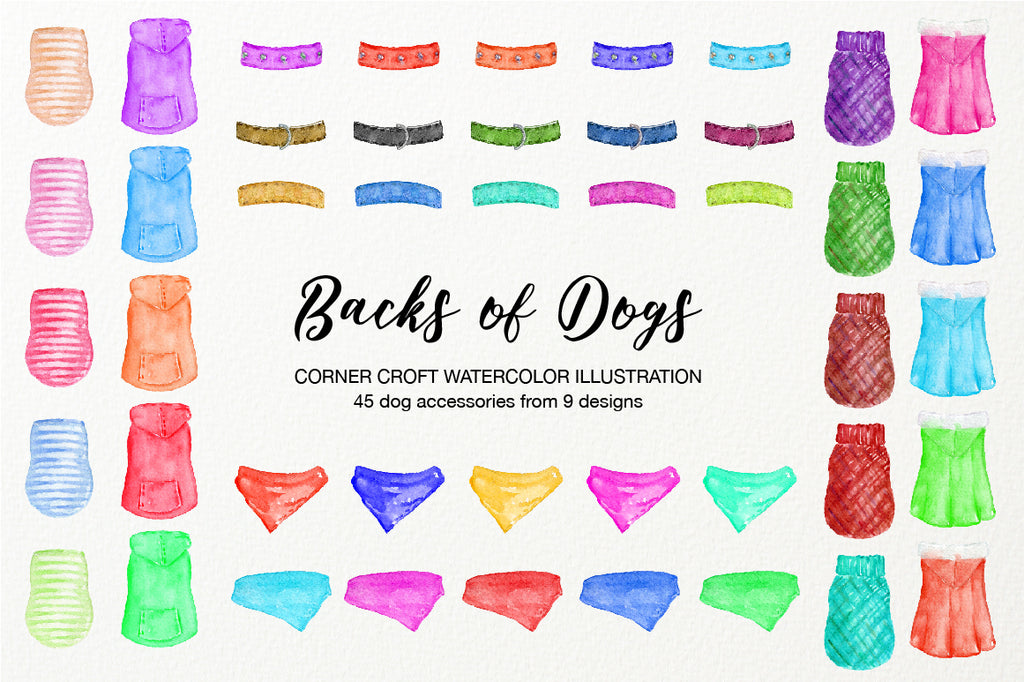 backs of dogs, watercolor illustration of dog accessories, dog callors, dog banadas, dog jackets