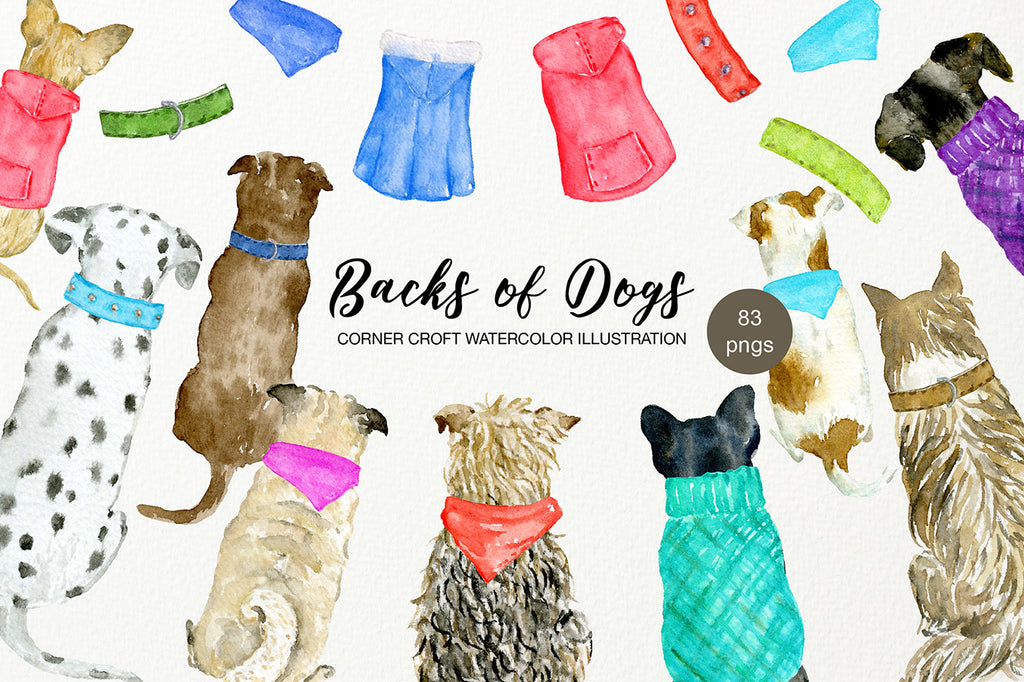 Watercolor dog illustration, dog callors, dog jackets and dog bandanas 