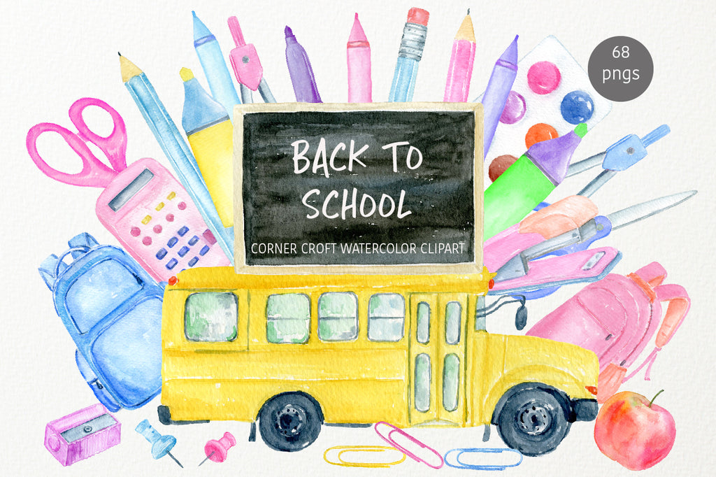 watercolor back to school clipart, stationery, yellow school bus, instant download 