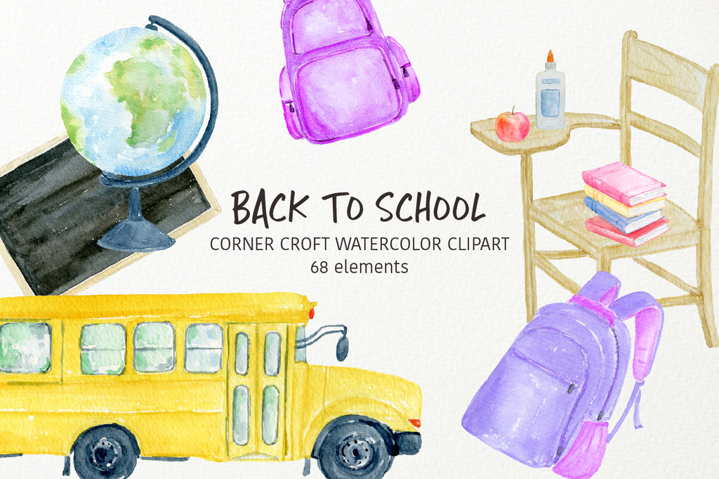 watercolor back to school clipart, stationery clipart, bus, black board, school bad, apple, pen, pencil 