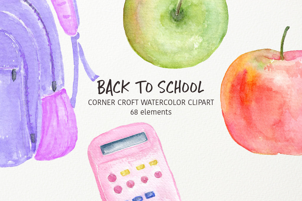 watercolor back to school clipart, stationery clipart, bus, black board, school bad, apple, pen, pencil 