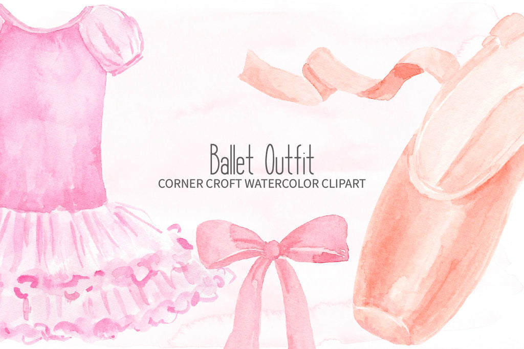 watercolor dance outfit clipart, pink ballet shoes illustration 