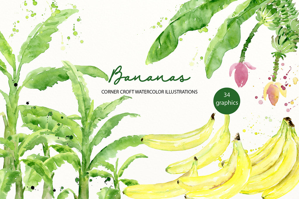Watercolor banana clipart for instant download