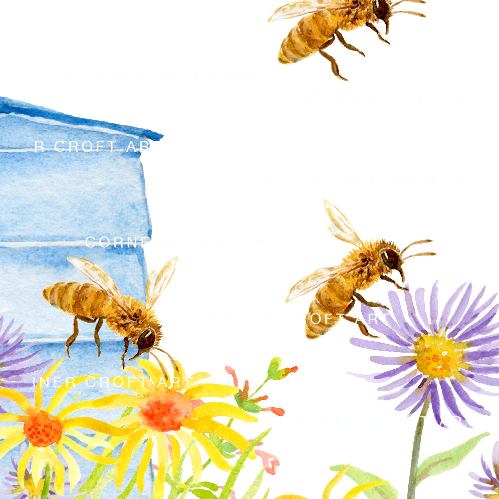 watercolor print of bee hive, bees and wild flowers, instant download