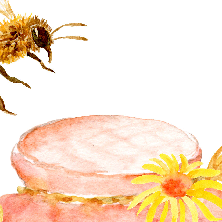 Watercolor bee keeping, honey bees, jar of honey and honeycomb print