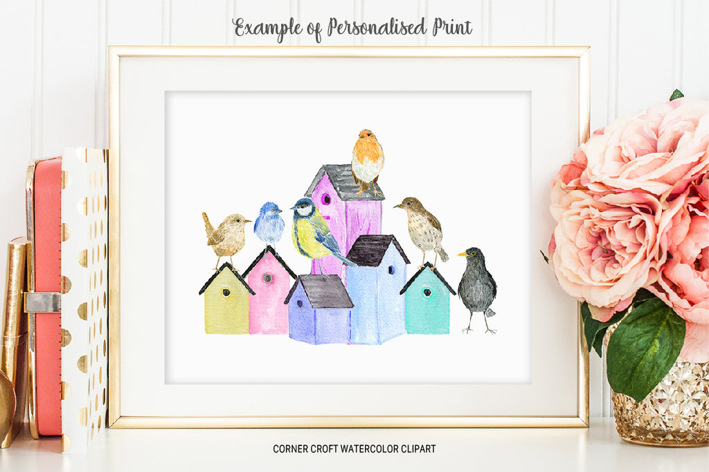 Watercolor bird family, birds on bird nests, wren, robin, thrush, black bird, blue bird and great tit